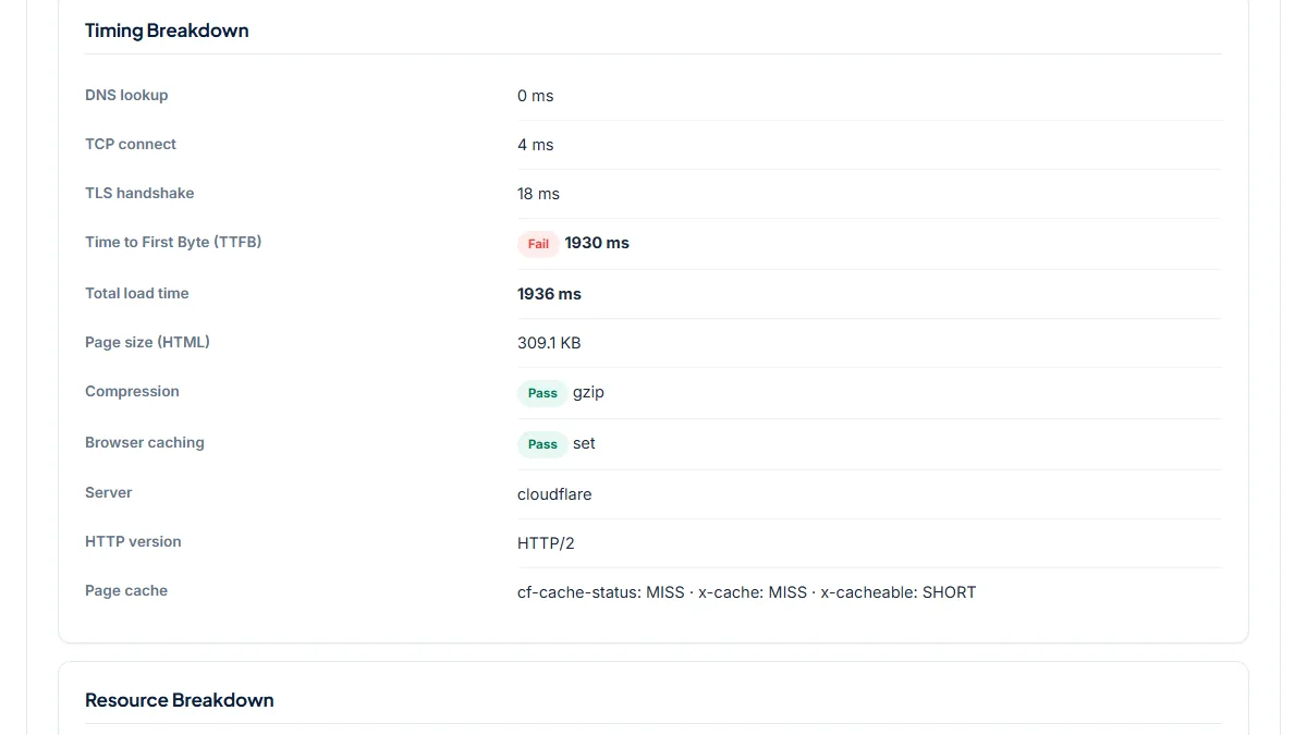 Same WP Engine site, two speeds: cached front page vs a fresh search