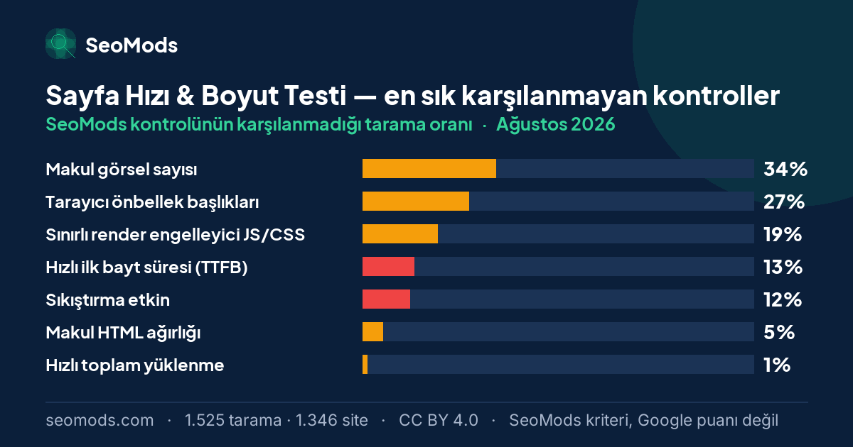 Ağustos 2026 ayında Sayfa Hızı & Boyut Testi aracında en sık karşılanmayan SeoMods kontrolleri ve oranları