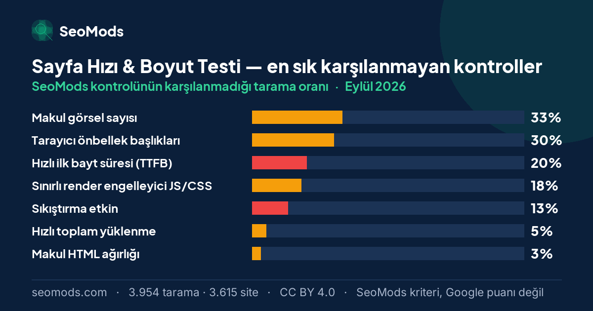 Eylül 2026 ayında Sayfa Hızı & Boyut Testi aracında en sık karşılanmayan SeoMods kontrolleri ve oranları